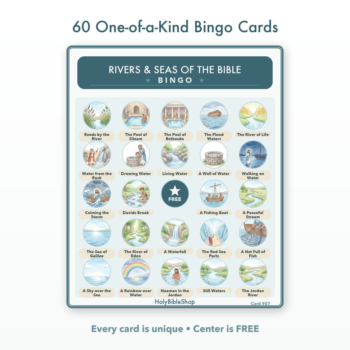 Rivers & Seas Of The Bible Bingo | Printable Bible Bingo Game for Kids | 60 Cards Sunday School VBS Christian Watercolor PDF — image 2