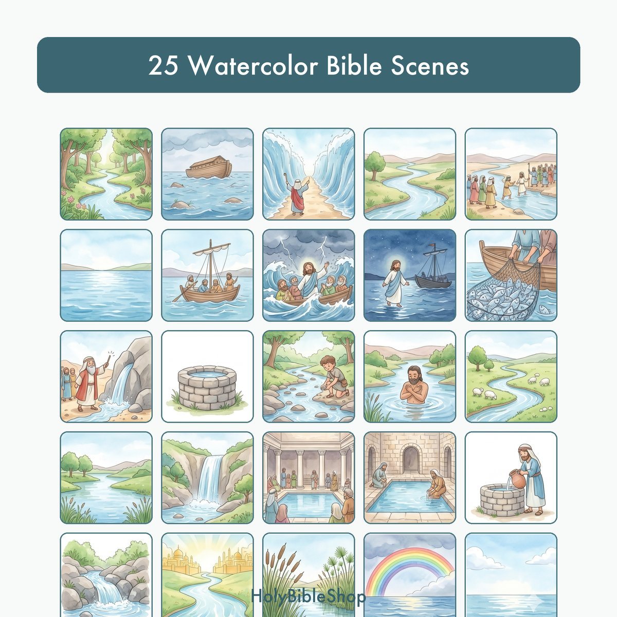 Rivers & Seas Of The Bible Bingo | Printable Bible Bingo Game for Kids | 60 Cards Sunday School VBS Christian Watercolor PDF — image 3
