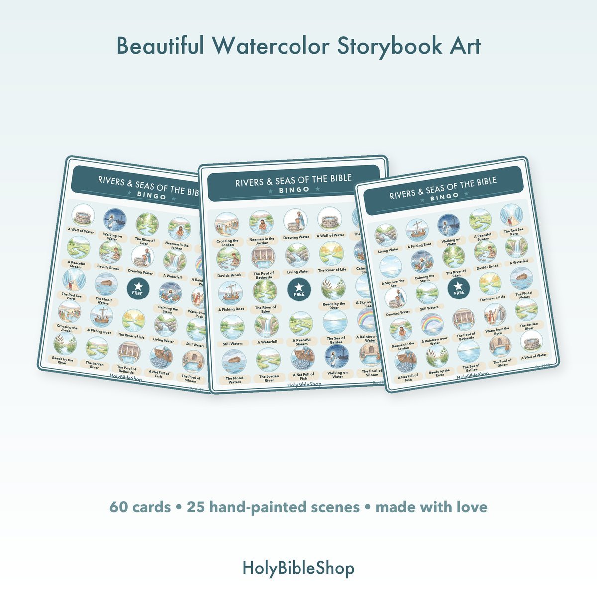 Rivers & Seas Of The Bible Bingo | Printable Bible Bingo Game for Kids | 60 Cards Sunday School VBS Christian Watercolor PDF — image 7