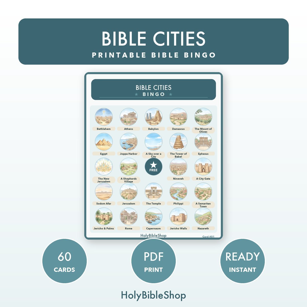 Bible Cities Bingo | Printable Bible Bingo Game for Kids | 60 Cards Sunday School VBS Christian Watercolor PDF
