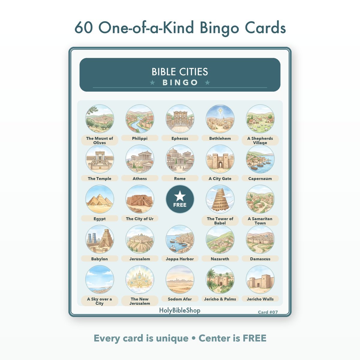 Bible Cities Bingo | Printable Bible Bingo Game for Kids | 60 Cards Sunday School VBS Christian Watercolor PDF — image 2