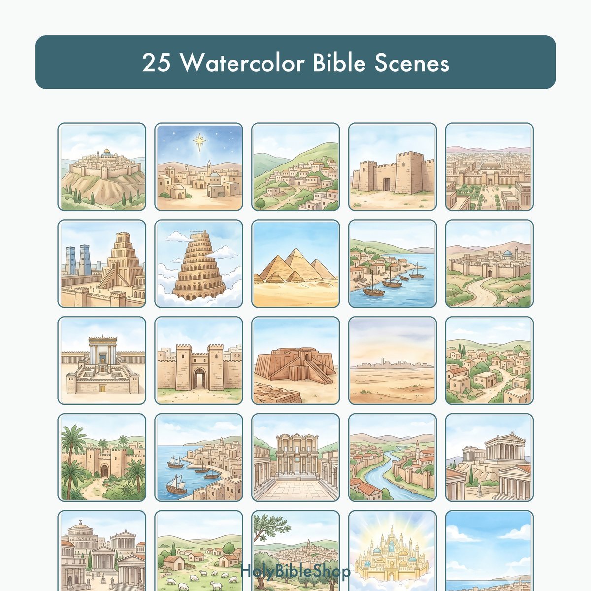 Bible Cities Bingo | Printable Bible Bingo Game for Kids | 60 Cards Sunday School VBS Christian Watercolor PDF — image 3