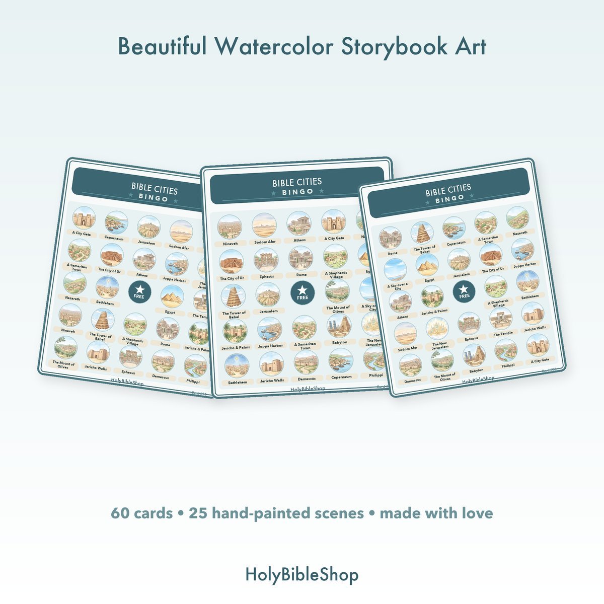 Bible Cities Bingo | Printable Bible Bingo Game for Kids | 60 Cards Sunday School VBS Christian Watercolor PDF — image 7