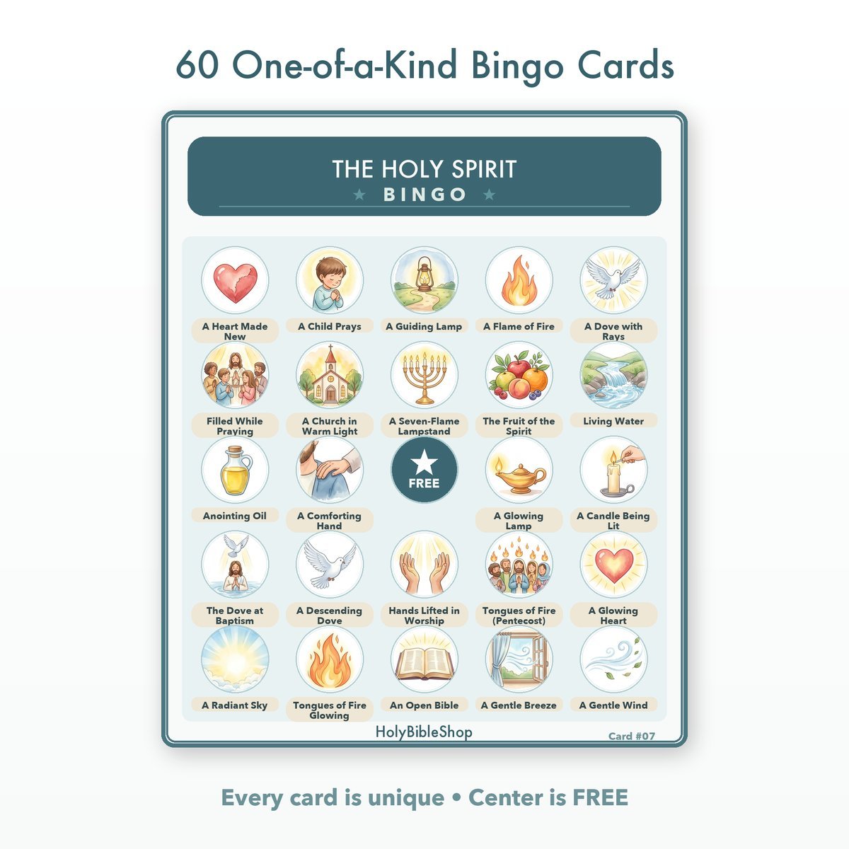 The Holy Spirit Bingo | Printable Bible Bingo Game for Kids | 60 Cards Sunday School VBS Christian Watercolor PDF — image 2