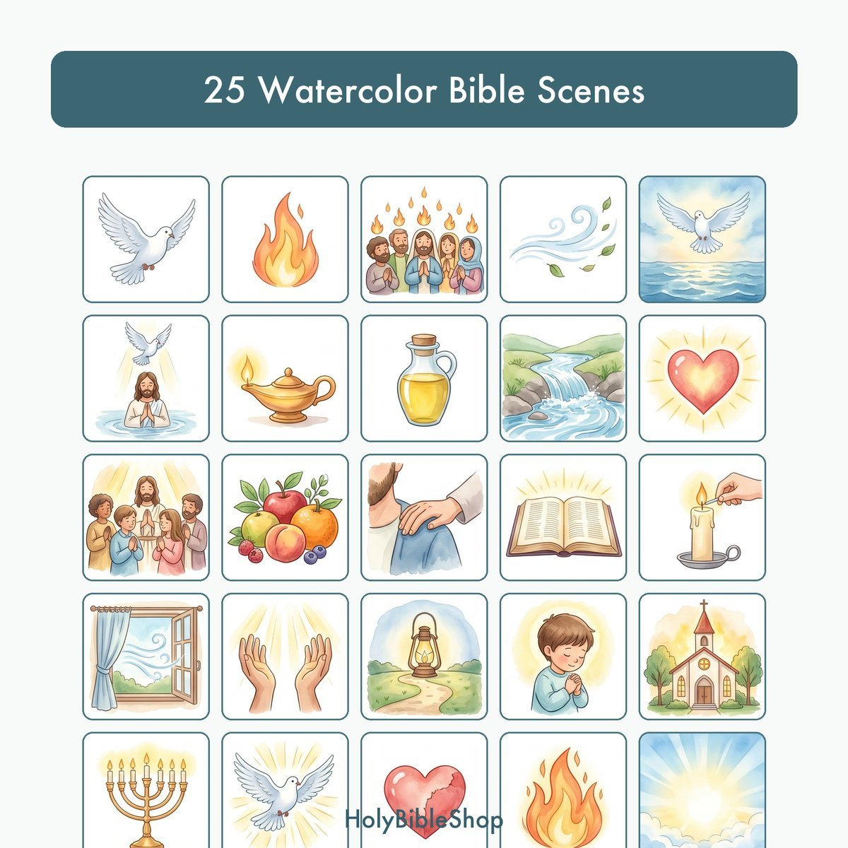 The Holy Spirit Bingo | Printable Bible Bingo Game for Kids | 60 Cards Sunday School VBS Christian Watercolor PDF — image 3