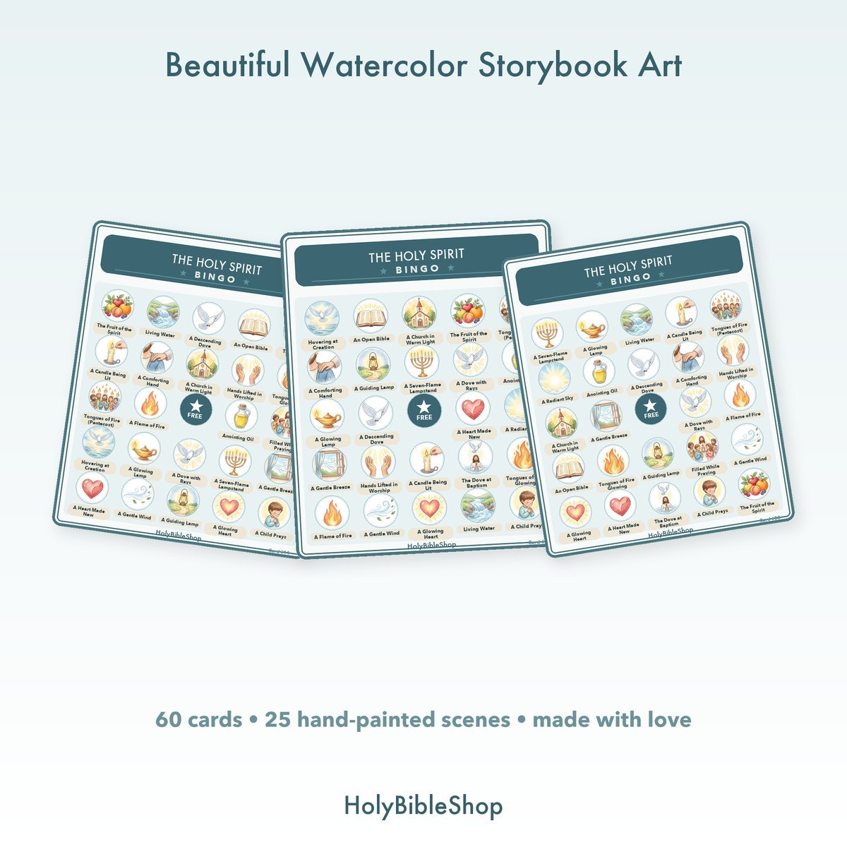 The Holy Spirit Bingo | Printable Bible Bingo Game for Kids | 60 Cards Sunday School VBS Christian Watercolor PDF — image 7