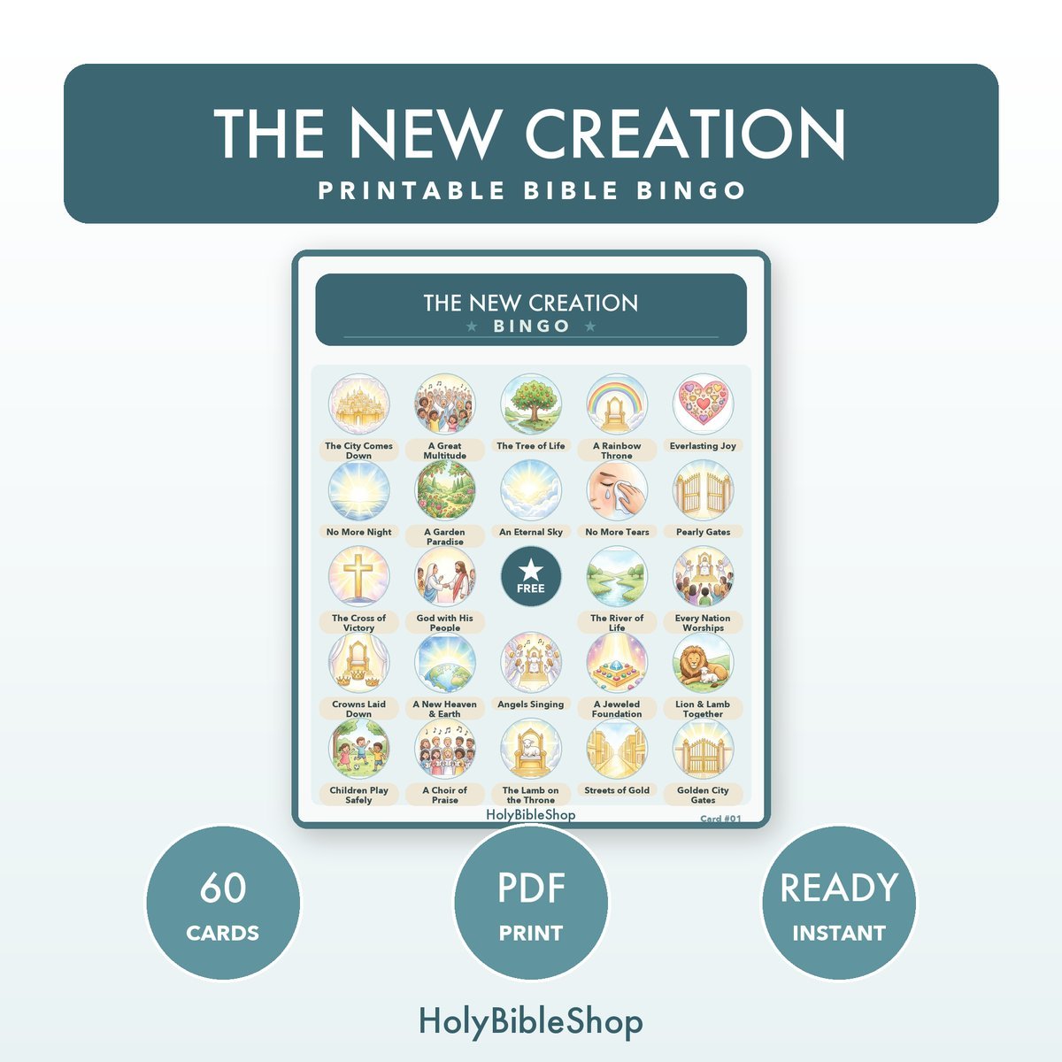 The New Creation Bingo | Printable Bible Bingo Game for Kids | 60 Cards Sunday School VBS Christian Watercolor PDF