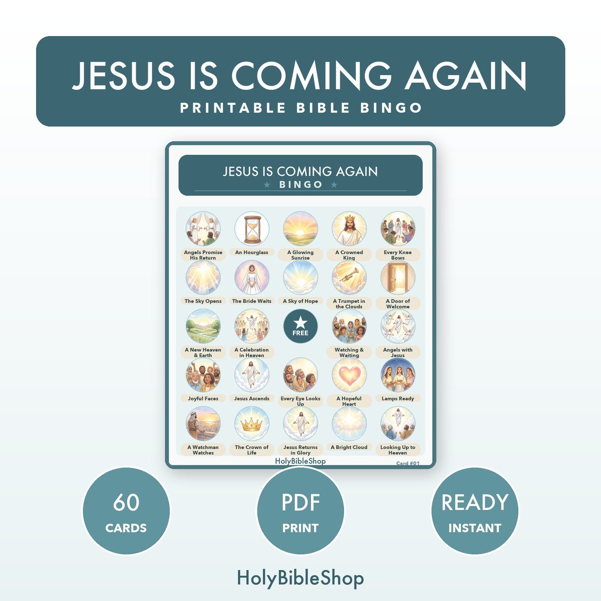 Jesus Is Coming Again Bingo | Printable Bible Bingo Game for Kids | 60 Cards Sunday School VBS Christian Watercolor PDF