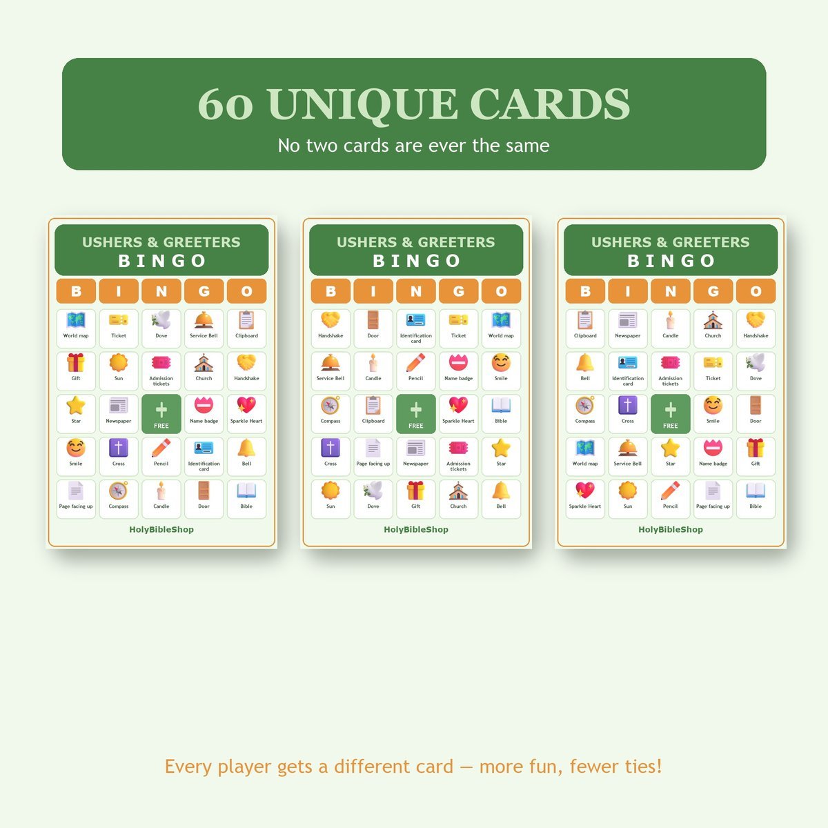 Ushers and Greeters Bingo, 60 Printable Bingo Cards, Christian Ushers Greeters Game, Sunday School & Church Activity, Instant Download — image 4
