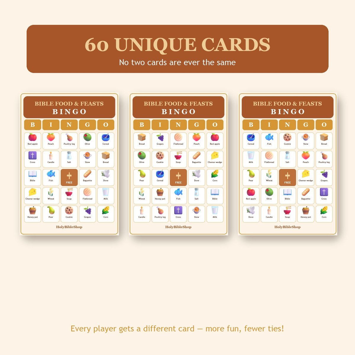 Bible Food and Feasts Bingo, 60 Printable Bingo Cards, Christian Bible Food Feasts Game, Sunday School & Church Activity, Instant Download — image 4