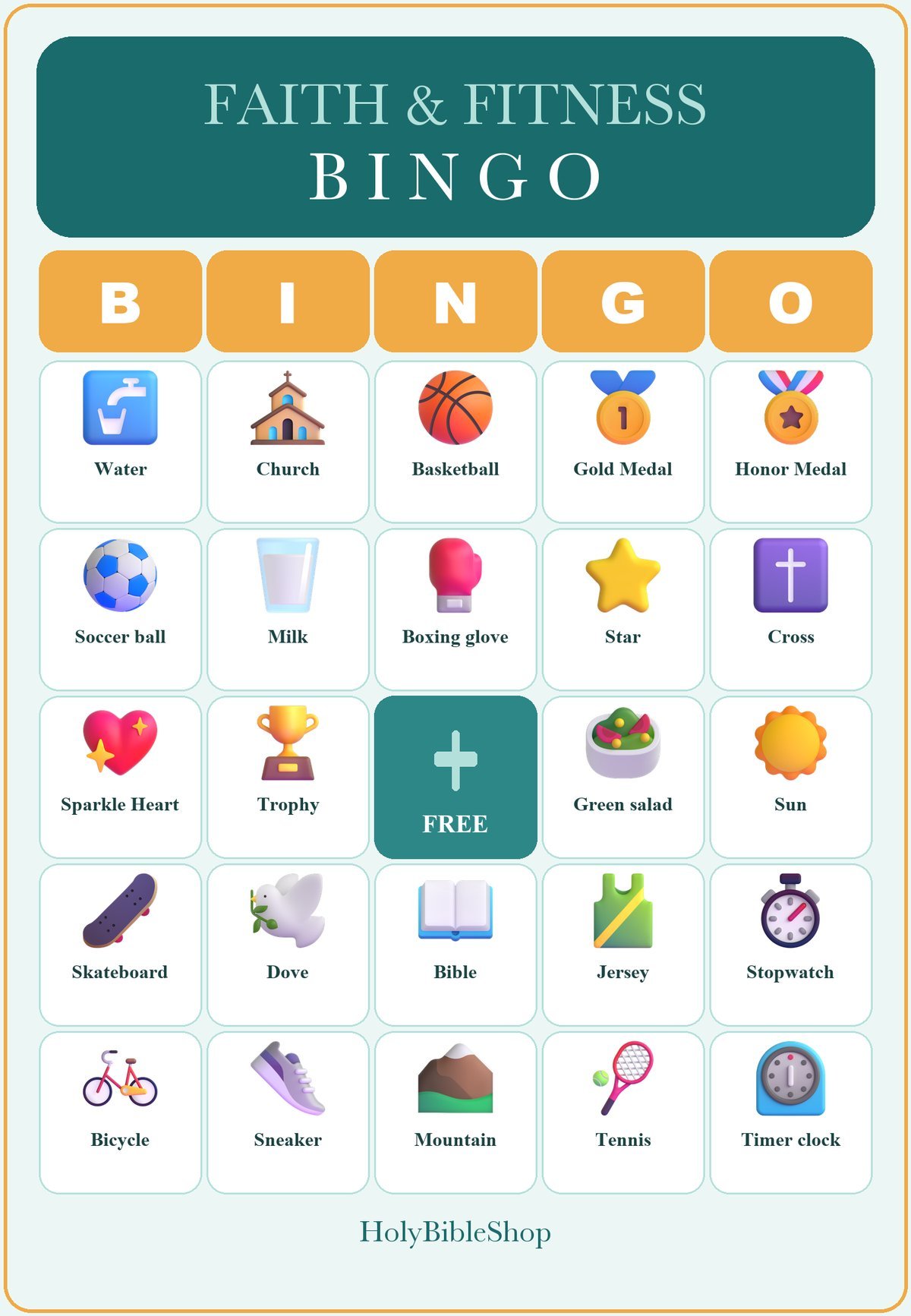 Faith and Fitness Bingo, 60 Printable Bingo Cards, Christian Fitness Game, Sunday School & Church Activity, Instant Download