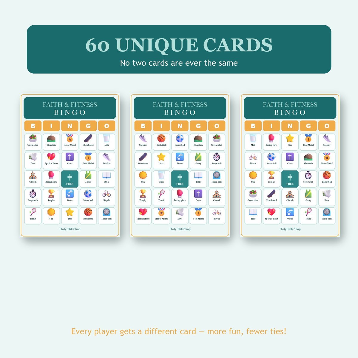 Faith and Fitness Bingo, 60 Printable Bingo Cards, Christian Fitness Game, Sunday School & Church Activity, Instant Download — image 4