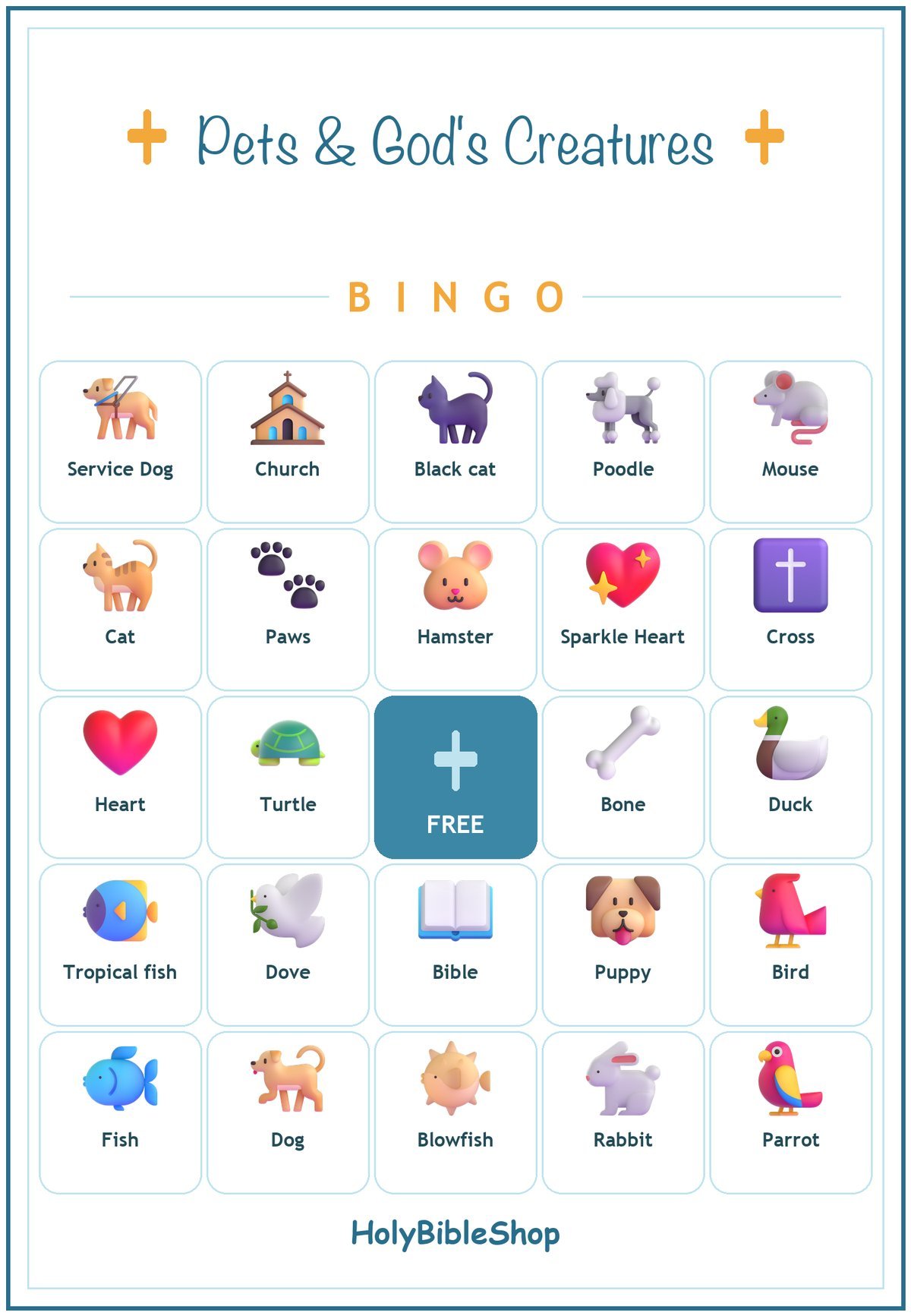 Pets and Gods Creatures Bingo, 60 Printable Bingo Cards, Christian Pets Creatures Game, Sunday School & Church Activity, Instant Download