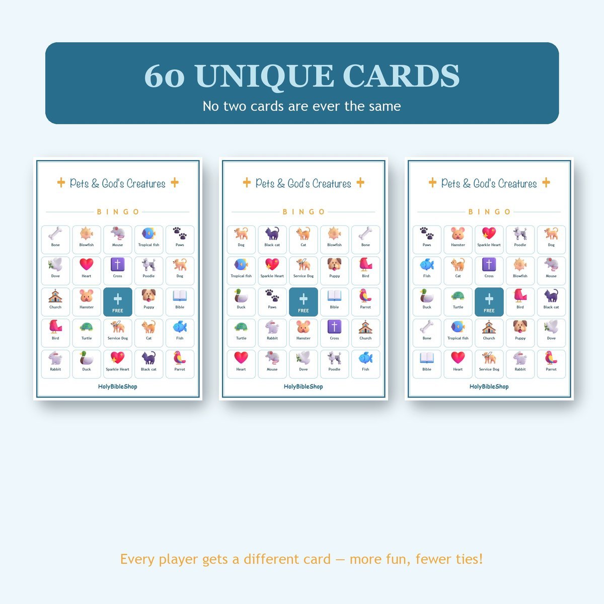Pets and Gods Creatures Bingo, 60 Printable Bingo Cards, Christian Pets Creatures Game, Sunday School & Church Activity, Instant Download — image 4