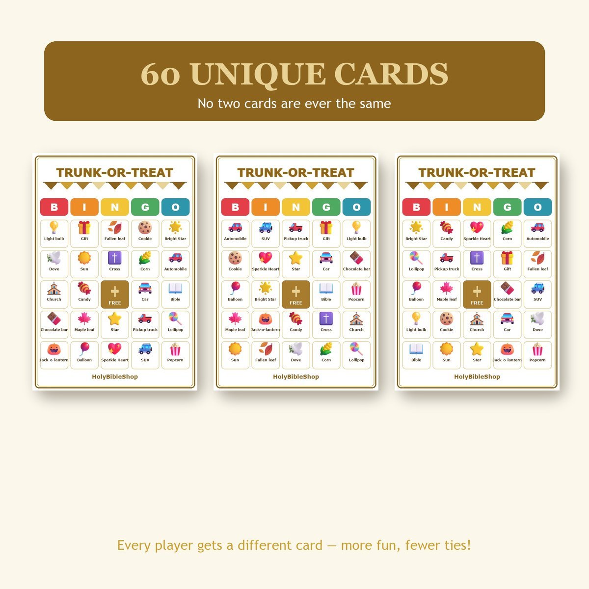 Fall Trunk or Treat Bingo, 60 Printable Bingo Cards, Trunk Or Treat, Fall Festival Game, Christian Fall Trunk or Treat Game — image 4