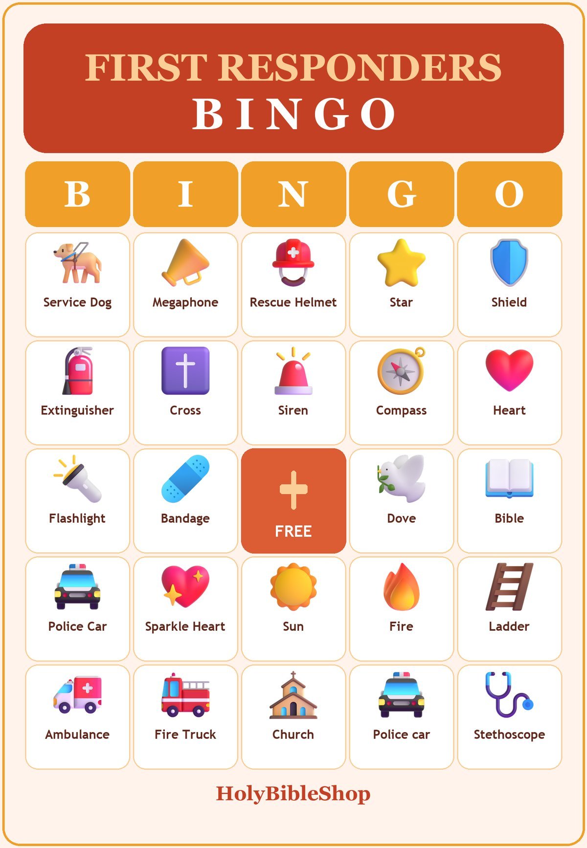 First Responders Faith Bingo, 60 Printable Bingo Cards, Christian Responders Game, Sunday School & Church Activity, Instant Download