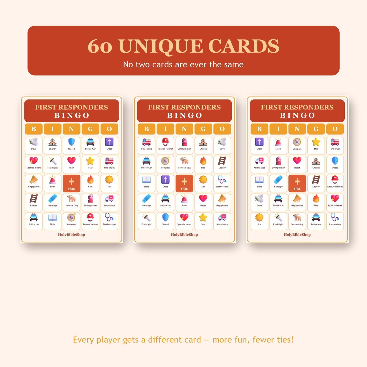 First Responders Faith Bingo, 60 Printable Bingo Cards, Christian Responders Game, Sunday School & Church Activity, Instant Download — image 4
