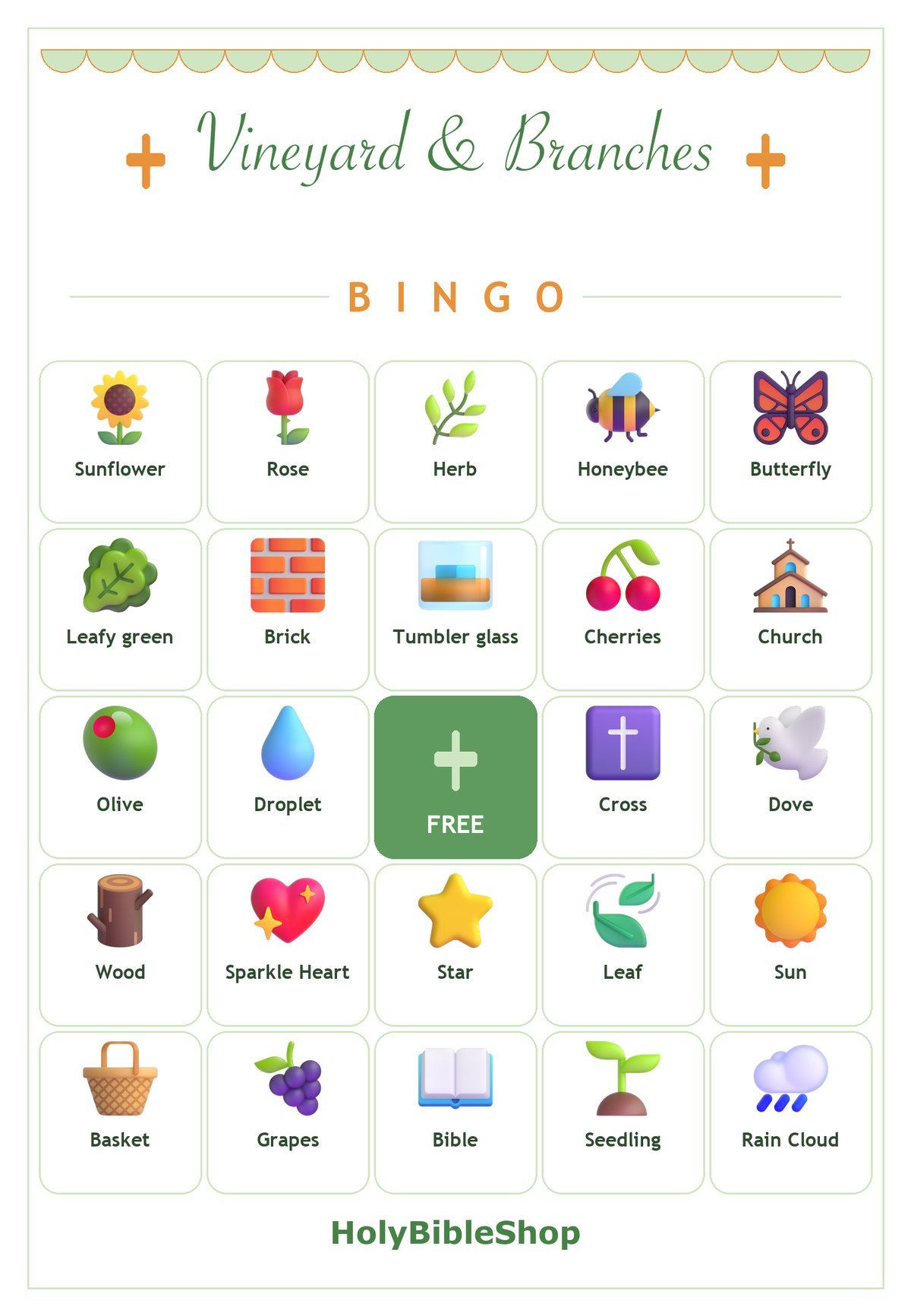 Vineyard and Branches Bingo, 60 Printable Bingo Cards, Christian Vineyard Branches Game, Sunday School & Church Activity, Instant Download