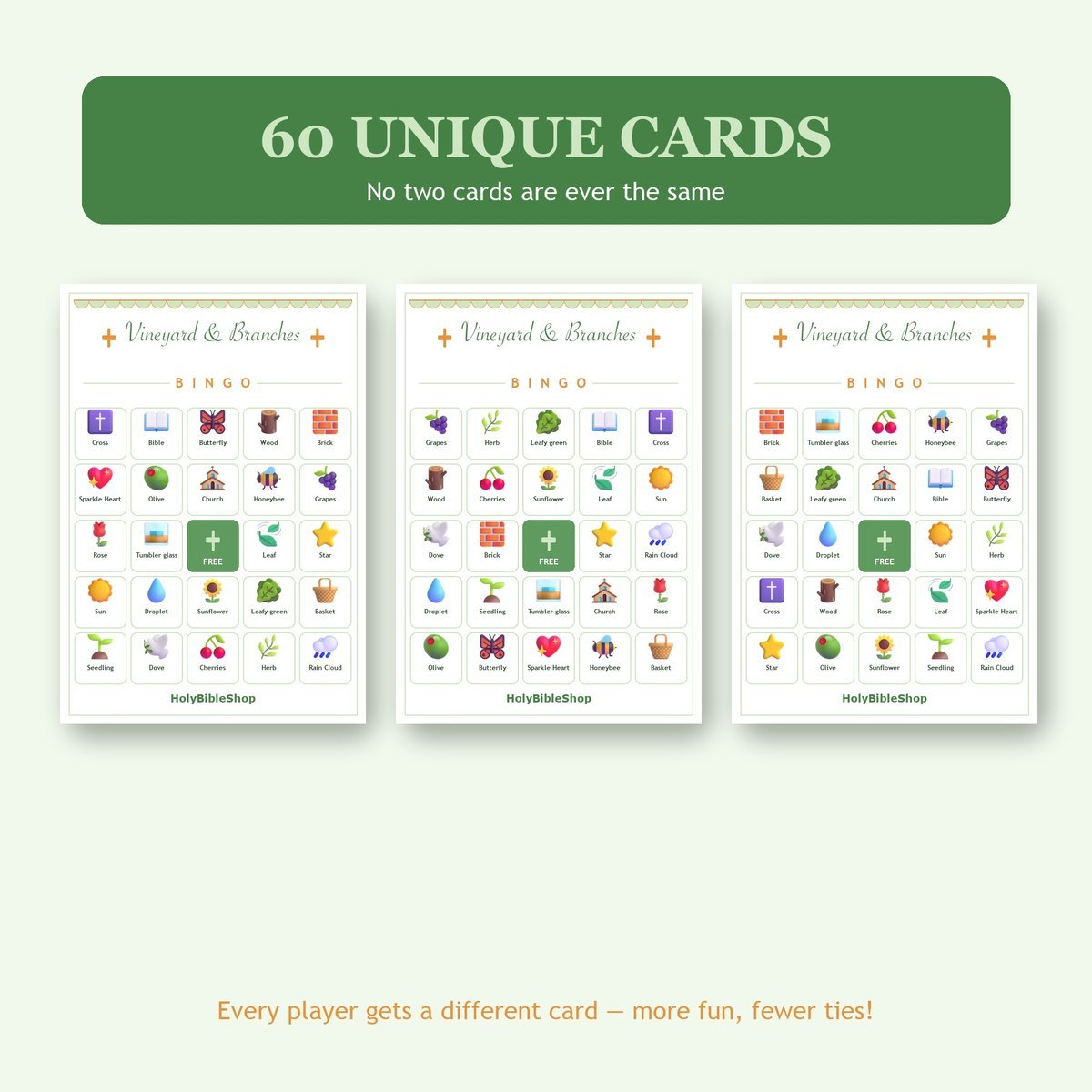 Vineyard and Branches Bingo, 60 Printable Bingo Cards, Christian Vineyard Branches Game, Sunday School & Church Activity, Instant Download — image 4