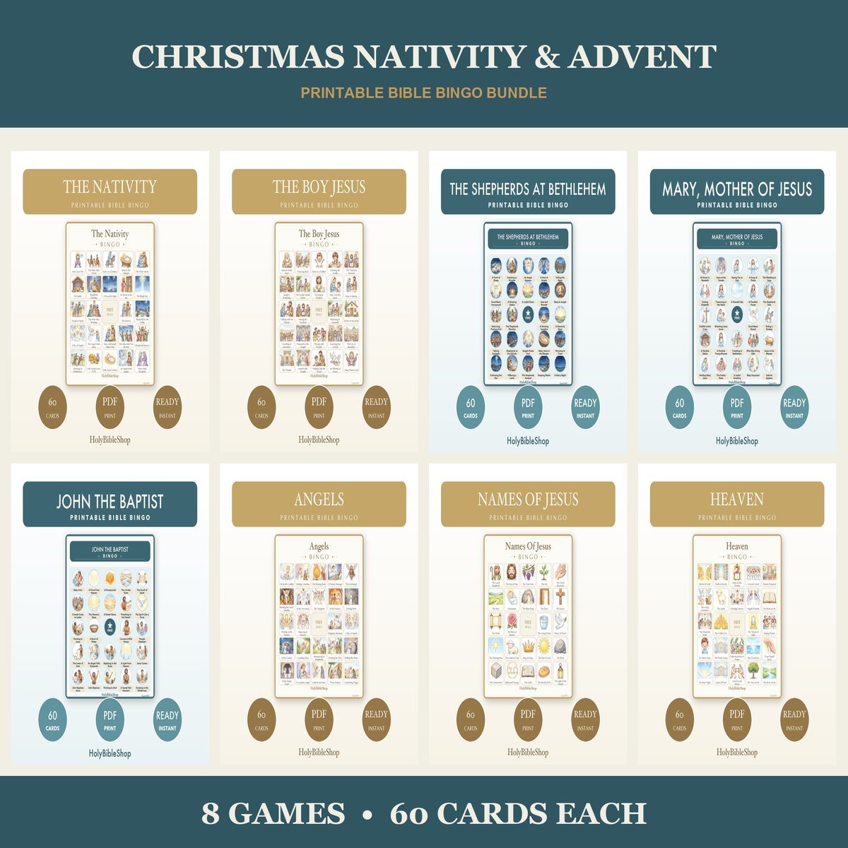 Christmas Nativity Bible Bingo Bundle | 8 Printable Games, 60 Cards Each | Advent Sunday School Christian Kids Activity PDF
