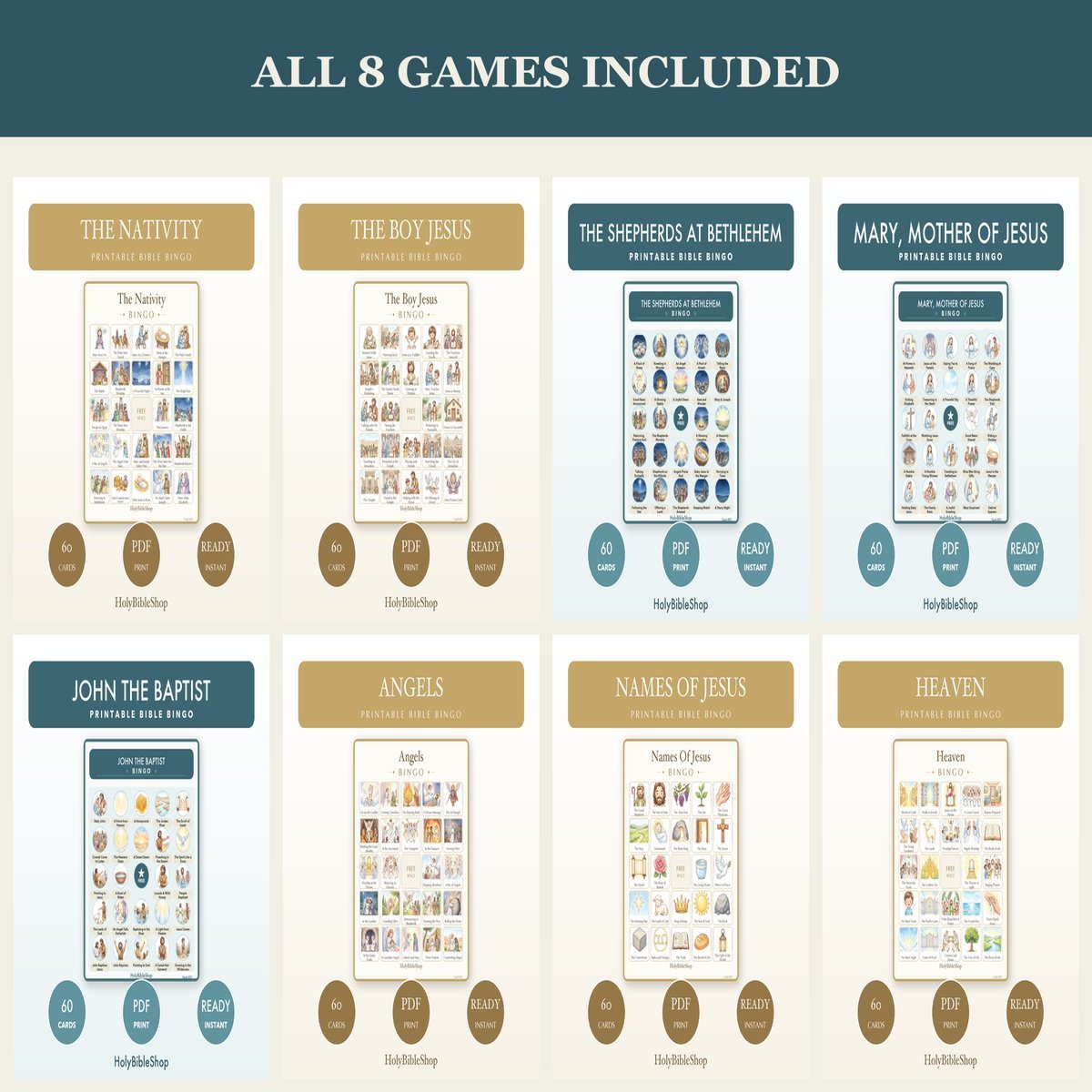 Christmas Nativity Bible Bingo Bundle | 8 Printable Games, 60 Cards Each | Advent Sunday School Christian Kids Activity PDF — image 5