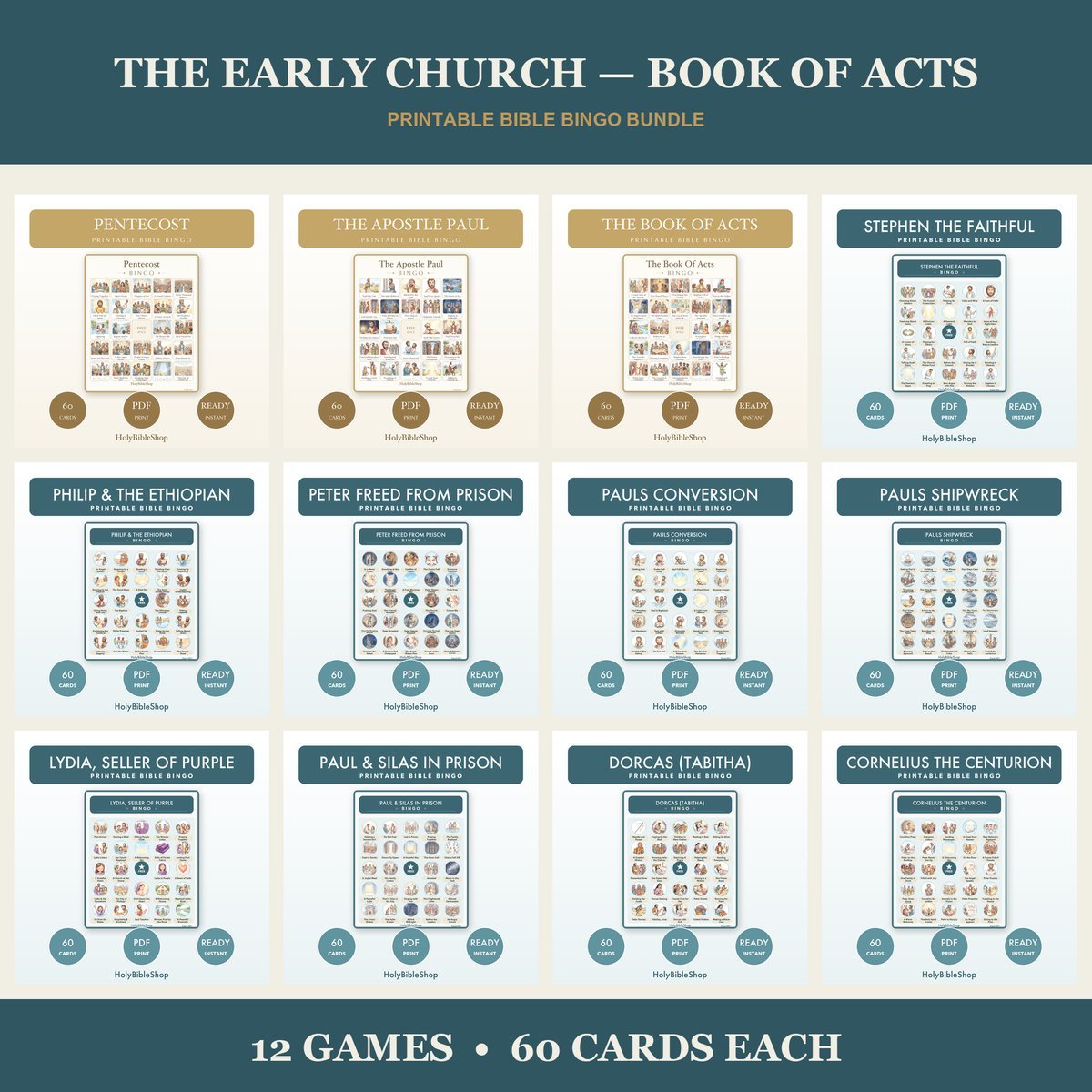 Early Church Bible Bingo Bundle | 12 Printable Games, 60 Cards Each | Book of Acts Paul Sunday School Christian Activity PDF