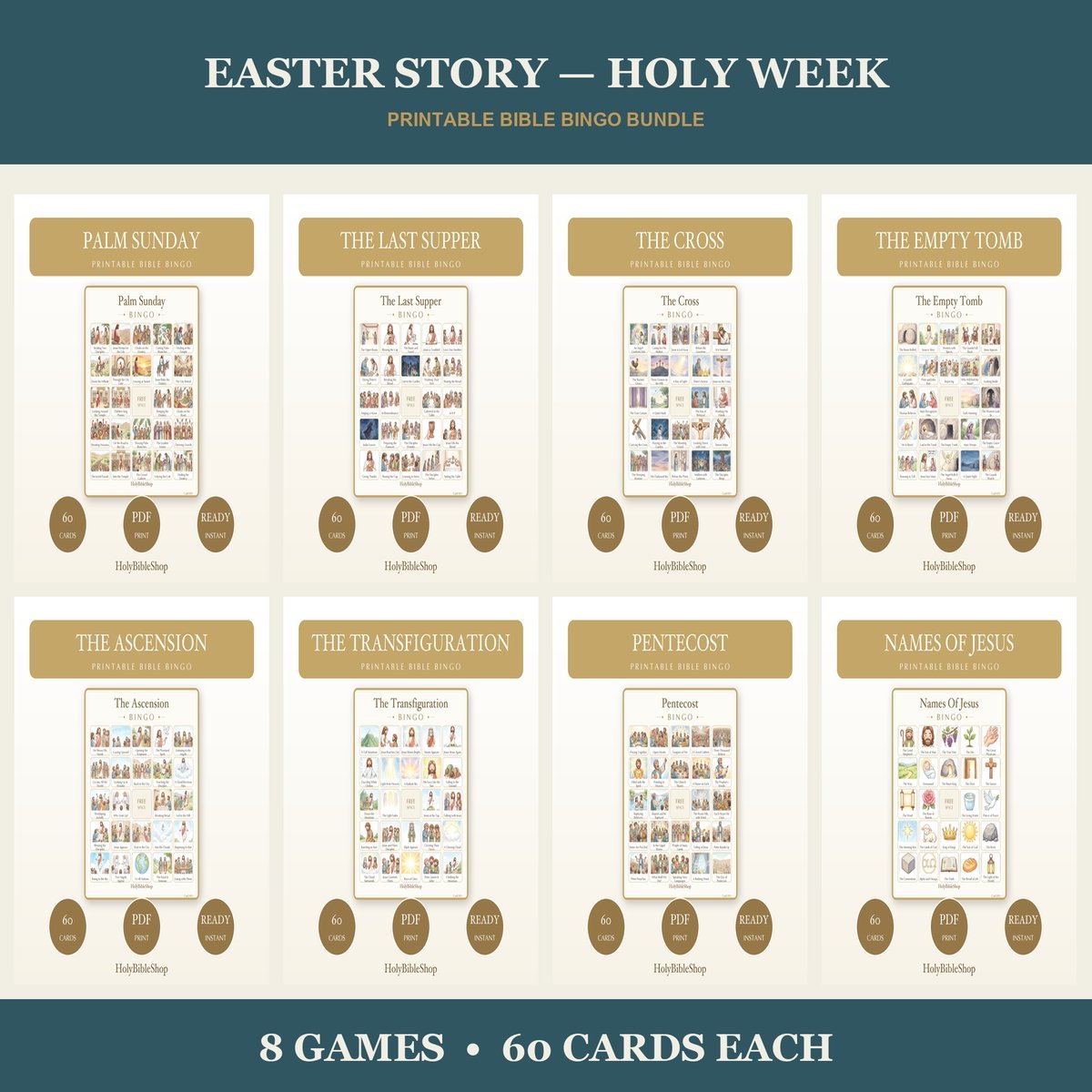 Easter Bible Bingo Bundle | 8 Printable Games, 60 Cards Each | Holy Week Resurrection Sunday School Christian Kids Activity PDF