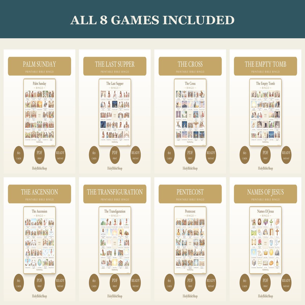 Easter Bible Bingo Bundle | 8 Printable Games, 60 Cards Each | Holy Week Resurrection Sunday School Christian Kids Activity PDF — image 5