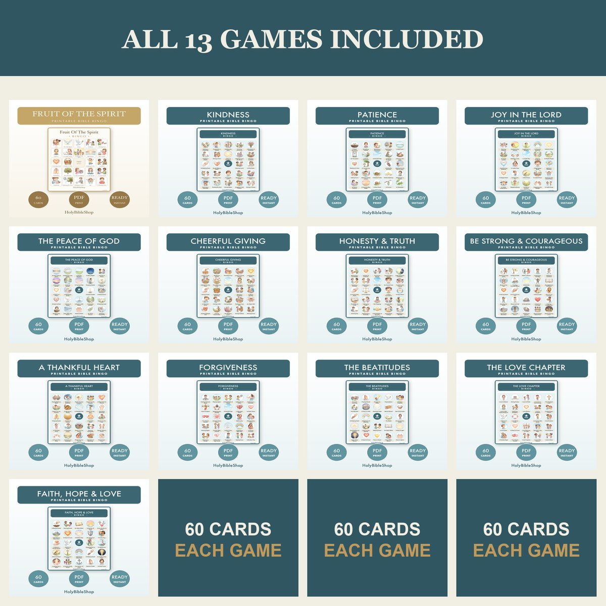 Fruit of the Spirit Bible Bingo Bundle | 13 Printable Games, 60 Cards Each | Sunday School VBS Christian Activity for Kids & Adults — image 8