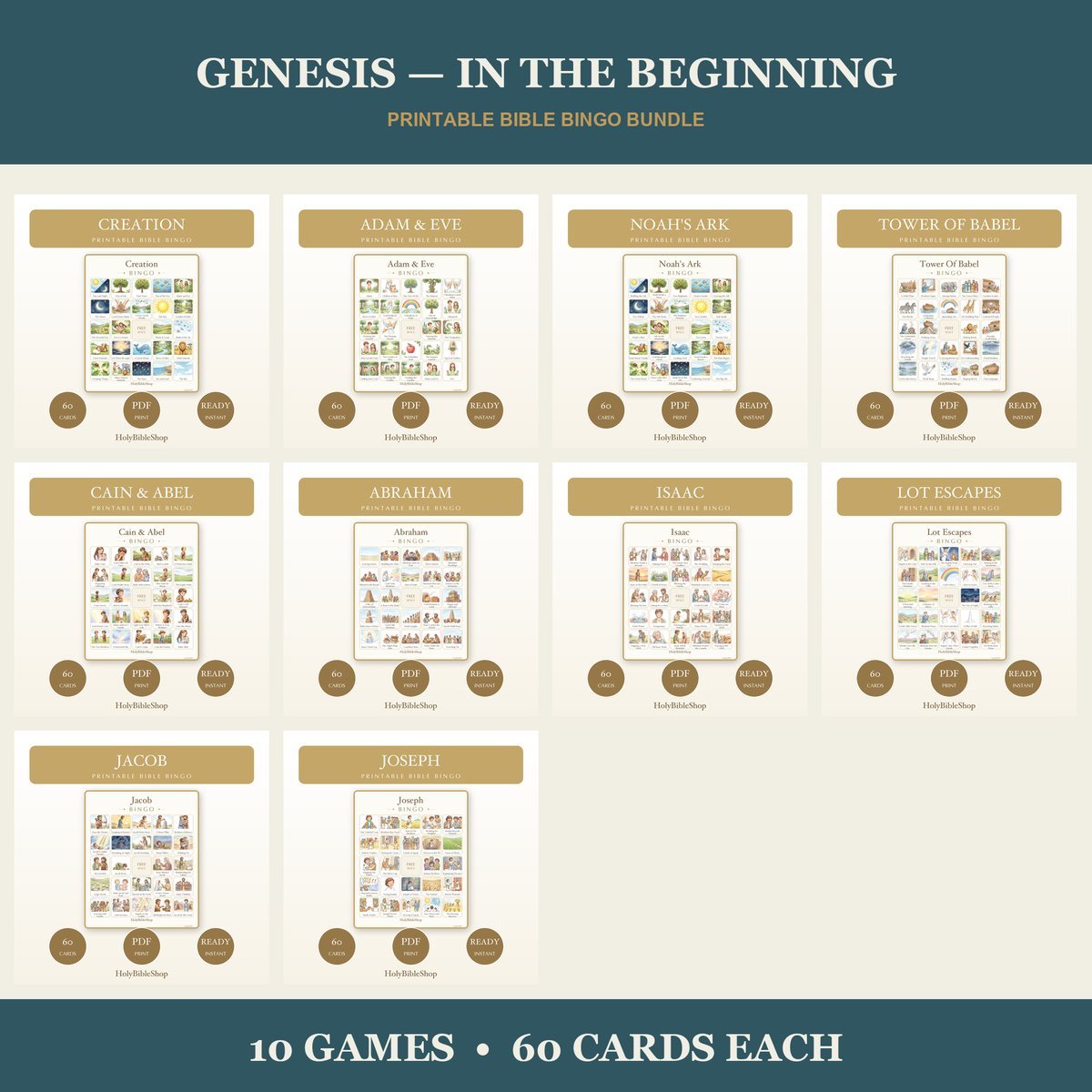 Genesis Bible Bingo Bundle | 10 Printable Games, 60 Cards Each | Creation Noah Sunday School VBS Christian Kids Activity PDF