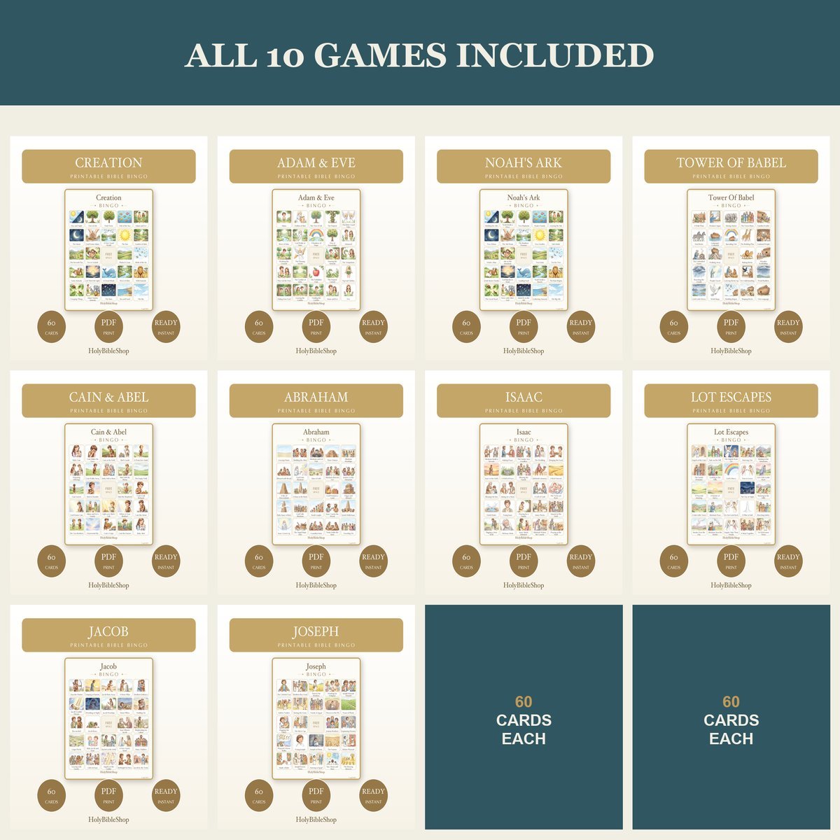 Genesis Bible Bingo Bundle | 10 Printable Games, 60 Cards Each | Creation Noah Sunday School VBS Christian Kids Activity PDF — image 5