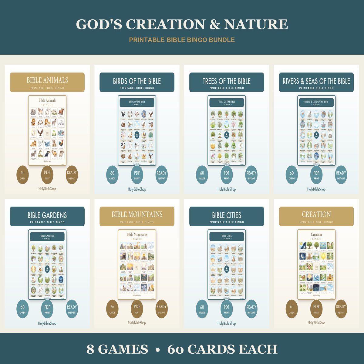 God's Creation & Nature Bible Bingo Bundle | 8 Printable Games, 60 Cards Each | Sunday School Christian Kids Activity PDF