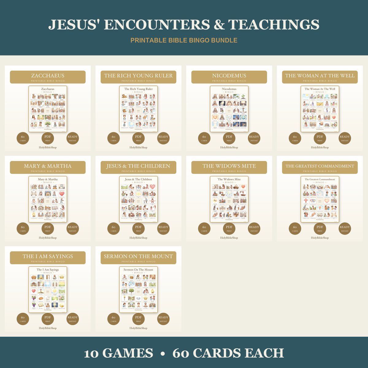 Jesus Teachings Bible Bingo Bundle | 10 Printable Games, 60 Cards Each | Sunday School VBS Christian Kids Activity PDF