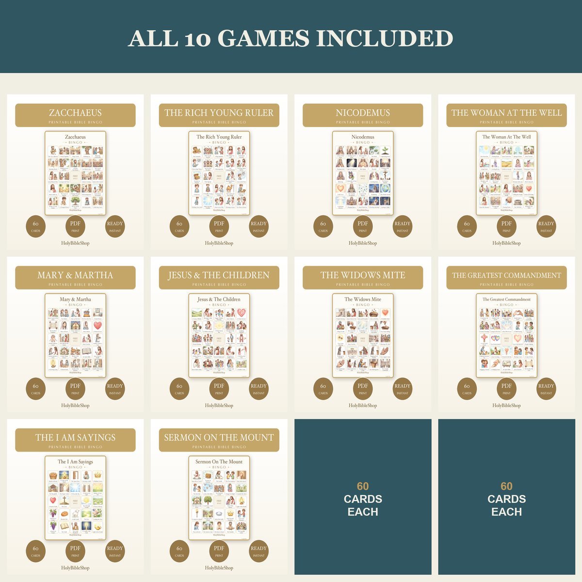 Jesus Teachings Bible Bingo Bundle | 10 Printable Games, 60 Cards Each | Sunday School VBS Christian Kids Activity PDF — image 5