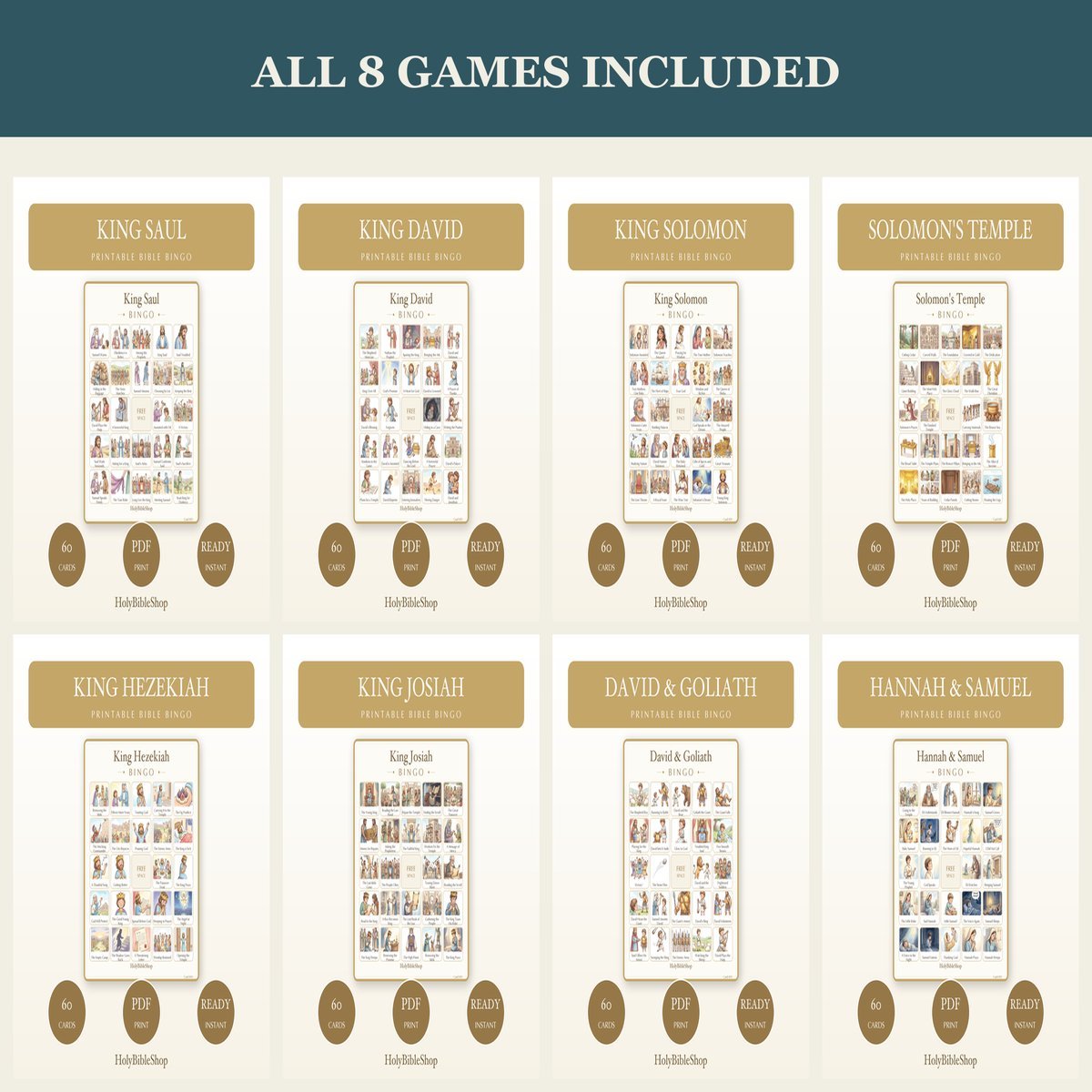 Kings of Israel Bible Bingo Bundle | 8 Printable Games, 60 Cards Each | David Solomon Sunday School Christian Kids Activity PDF — image 5