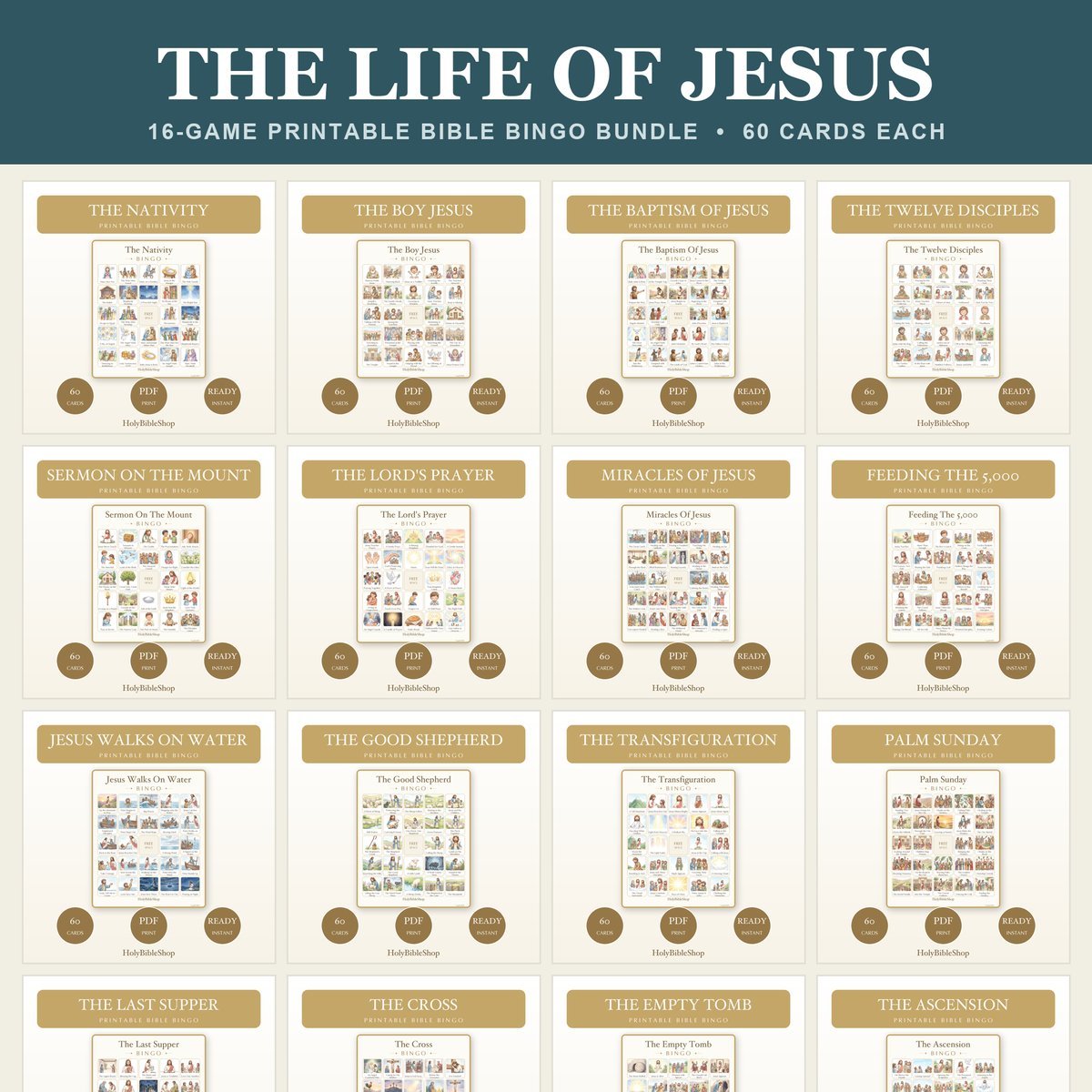 Life of Jesus Bible Bingo Bundle | 16 Printable Games, 60 Cards Each | Sunday School VBS Youth Group Church Christian Activity PDF
