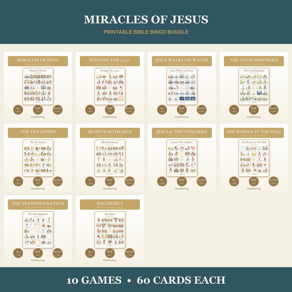 Miracles of Jesus Bible Bingo Bundle | 10 Printable Games, 60 Cards Each | Sunday School VBS Christian Kids Activity PDF