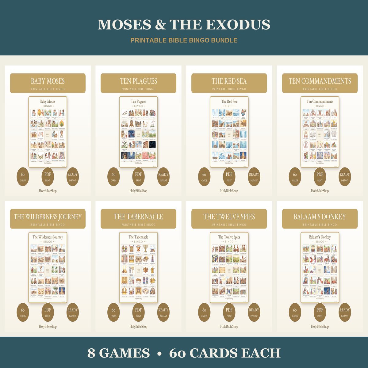 Moses & the Exodus Bible Bingo Bundle | 8 Printable Games, 60 Cards Each | Ten Commandments Sunday School Christian Activity PDF
