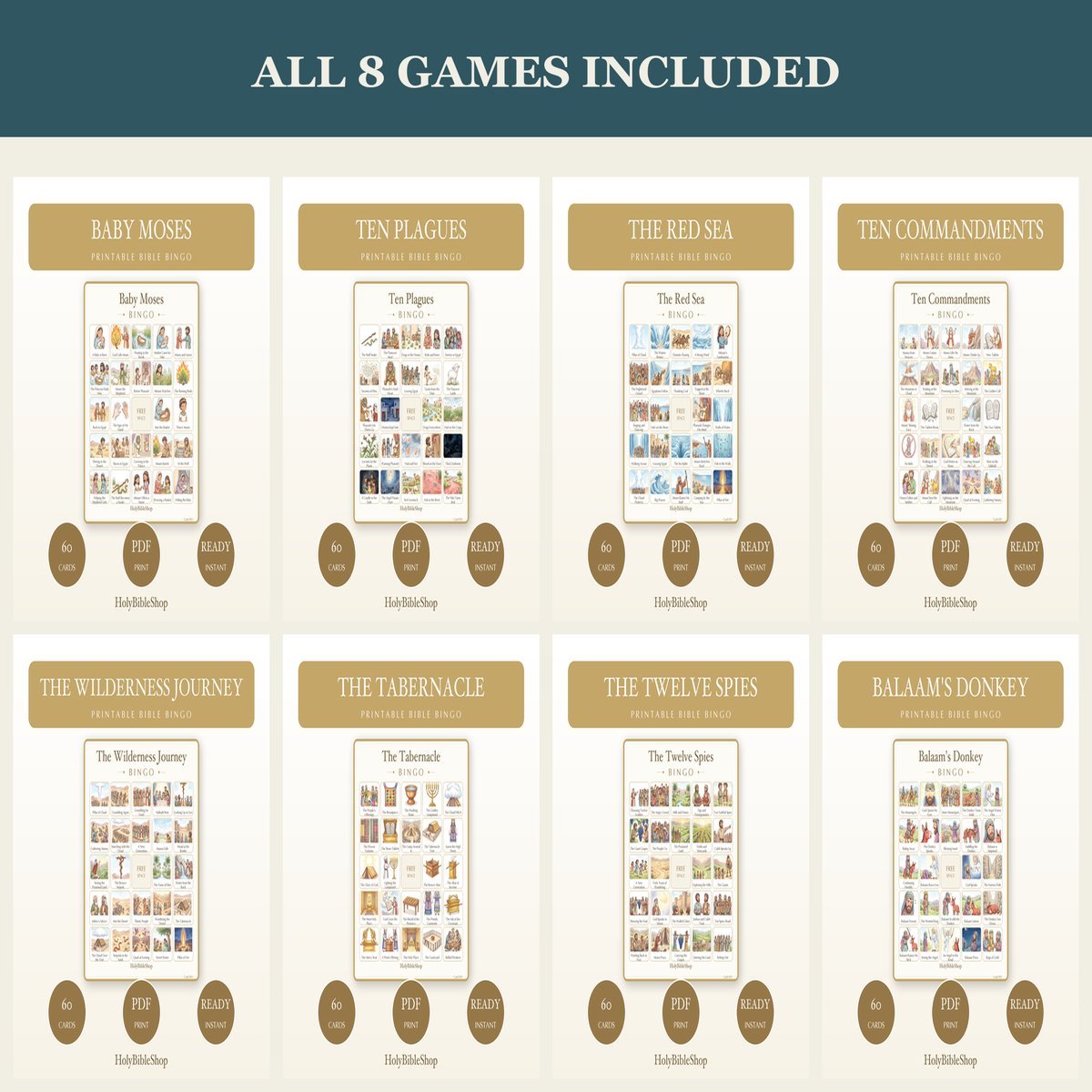 Moses & the Exodus Bible Bingo Bundle | 8 Printable Games, 60 Cards Each | Ten Commandments Sunday School Christian Activity PDF — image 5