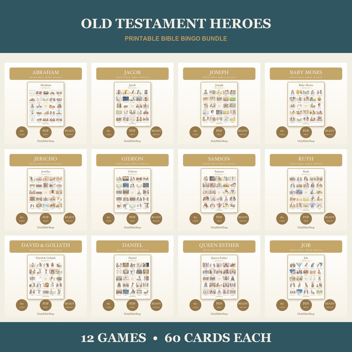 Old Testament Heroes Bible Bingo Bundle | 12 Printable Games, 60 Cards Each | Sunday School VBS Kids Christian Activity PDF