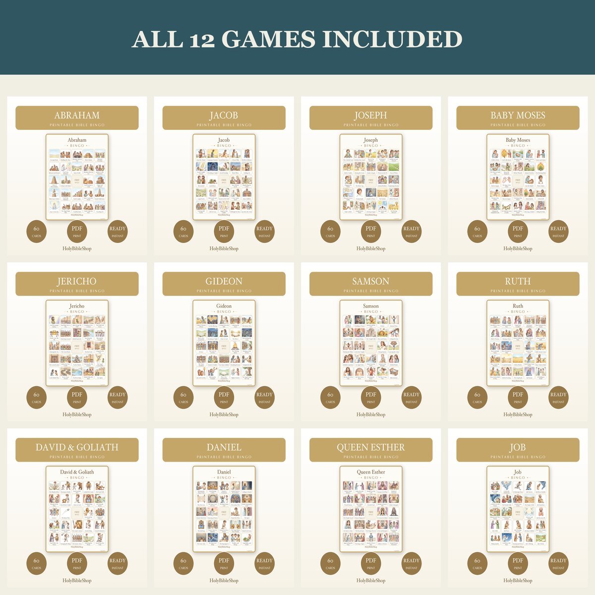 Old Testament Heroes Bible Bingo Bundle | 12 Printable Games, 60 Cards Each | Sunday School VBS Kids Christian Activity PDF — image 5