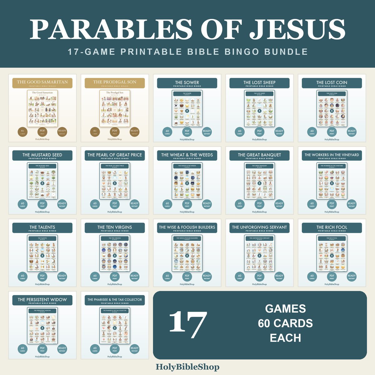 Parables of Jesus Bible Bingo Bundle | 17 Printable Games, 60 Cards Each | Sunday School VBS Youth Group Church Christian Activity PDF