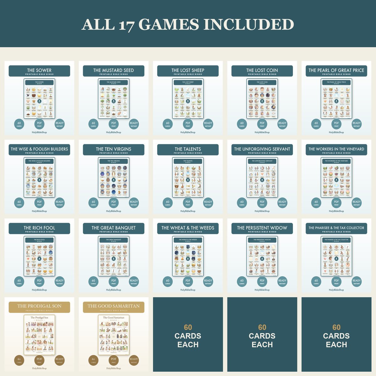 Parables of Jesus Bible Bingo Bundle | 17 Printable Games, 60 Cards Each | Sunday School VBS Youth Group Church Christian Activity PDF — image 8