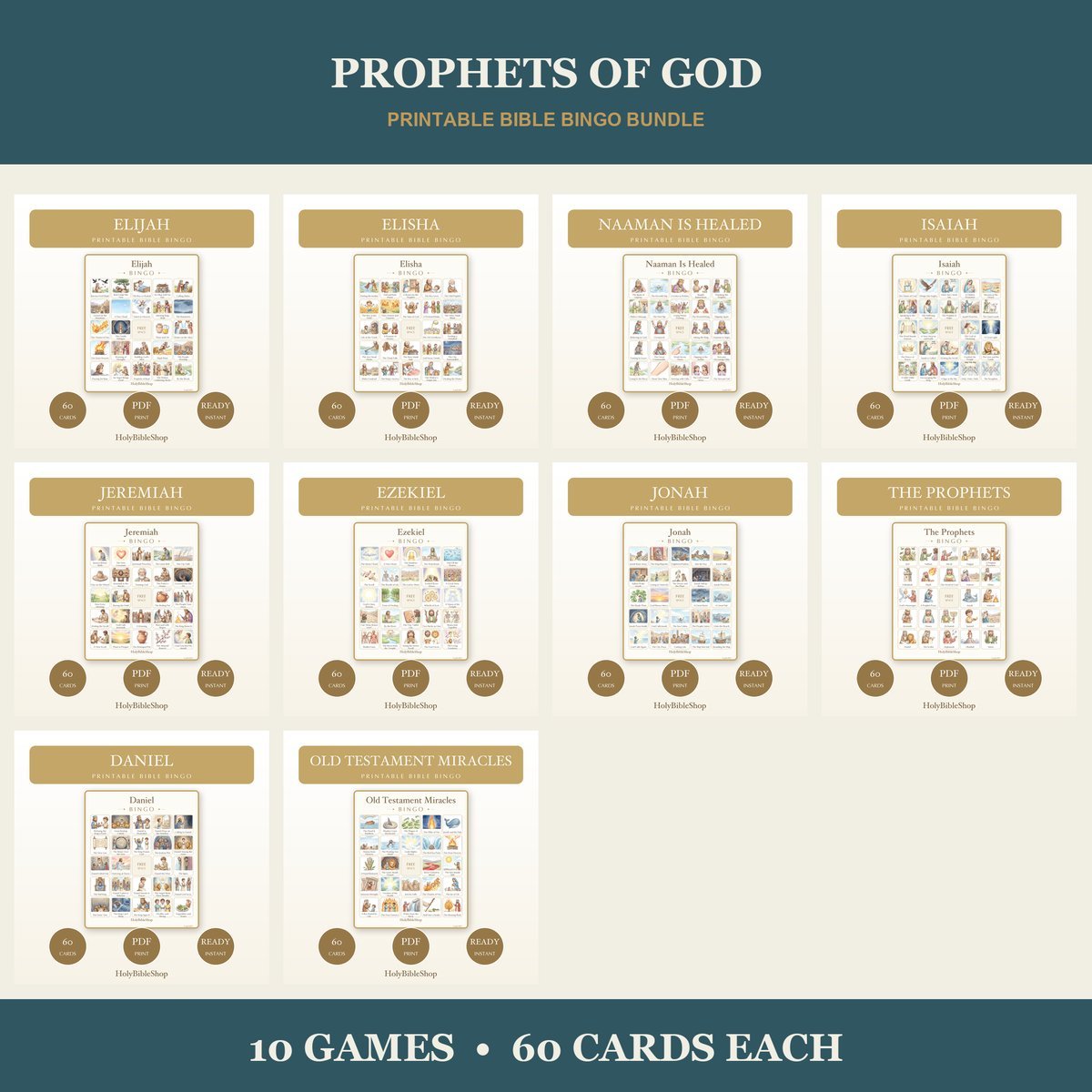Prophets of the Bible Bingo Bundle | 10 Printable Games, 60 Cards Each | Elijah Jonah Sunday School Christian Kids Activity PDF