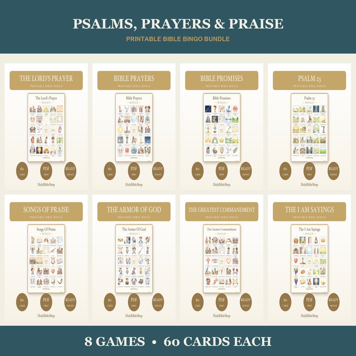 Psalms Prayers & Praise Bible Bingo Bundle | 8 Printable Games, 60 Cards Each | Sunday School Christian Kids Activity PDF