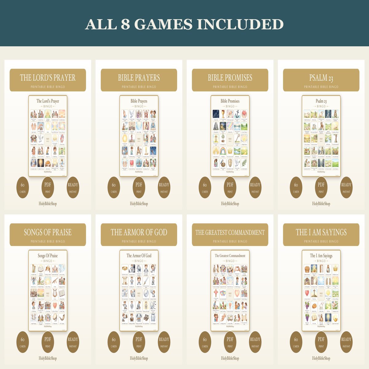 Psalms Prayers & Praise Bible Bingo Bundle | 8 Printable Games, 60 Cards Each | Sunday School Christian Kids Activity PDF — image 5
