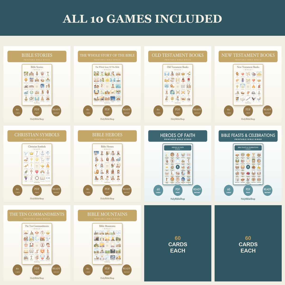 Whole Bible Knowledge Bingo Bundle | 10 Printable Games, 60 Cards Each | Books of the Bible Sunday School Christian Activity PDF — image 5