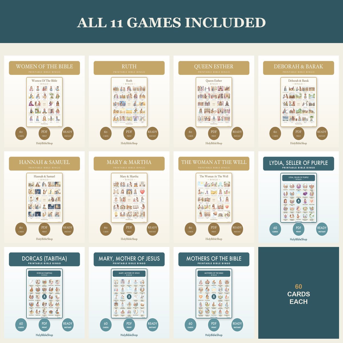 Women of the Bible Bingo Bundle | 11 Printable Games, 60 Cards Each | Ruth Esther Sunday School Christian Kids Activity PDF — image 5