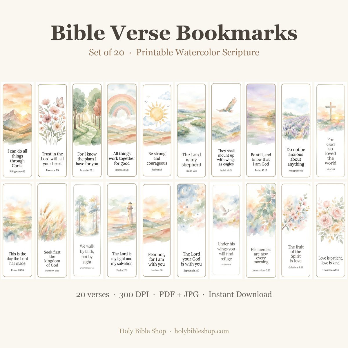 Printable Bible Verse Bookmarks Set of 20, Watercolor Christian Scripture Cards, Faith Gift, Bible Study, Instant Download PDF JPG