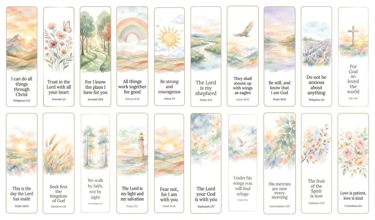 Printable Bible Verse Bookmarks Set of 20, Watercolor Christian Scripture Cards, Faith Gift, Bible Study, Instant Download PDF JPG — image 6